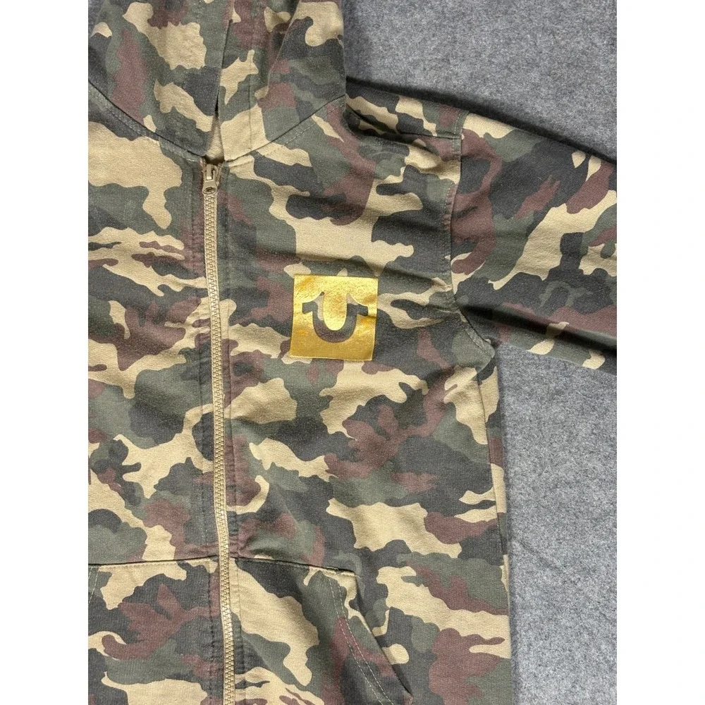 True Religion Mens Camo Full Zip Hoodie Gold Horseshoe Logo‎ Green Brown Medium